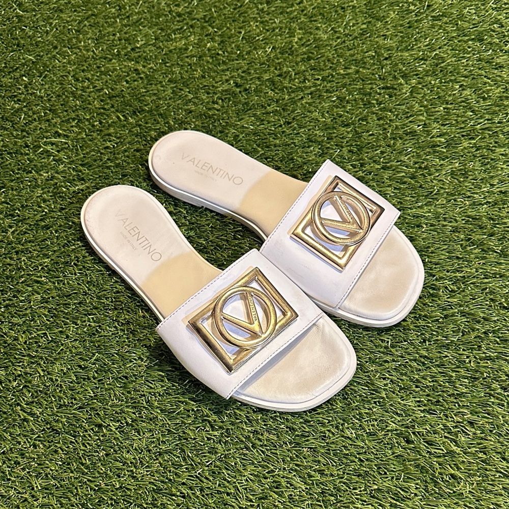 Valentino White Slide Sandals with Gold Logo Accent